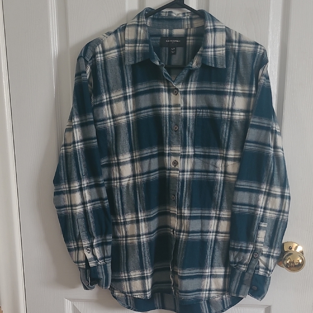 Banana Republic Teal and Cream Plaid Shirt